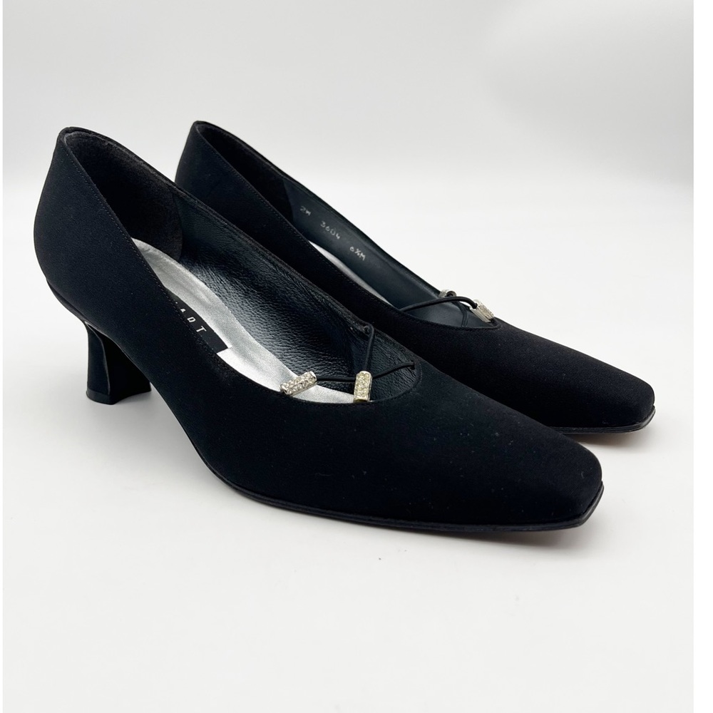 Vintage Stuart Weitzman Black Satin Rhinestone Detail Medium Heel Pump